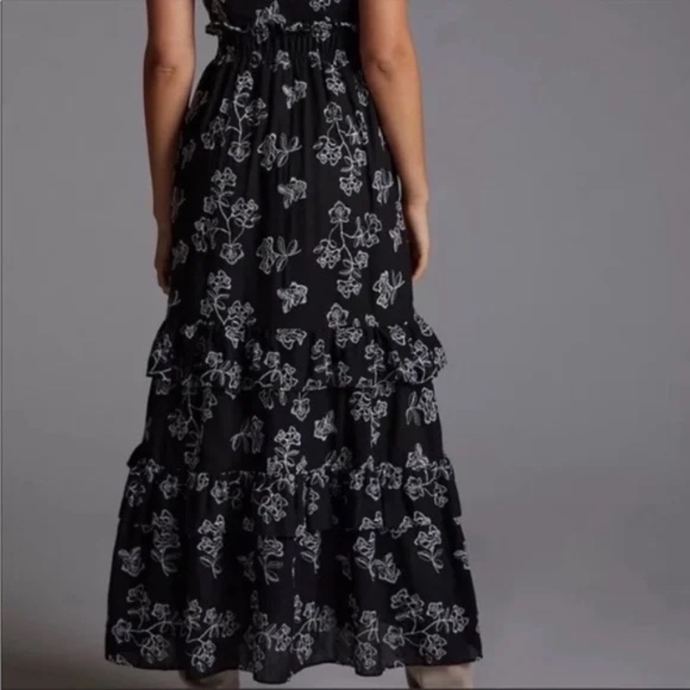 Especia Embroidered Floral Maxi Dress Ruffles Trim Anthropologie Navy - Picture 7 of 10